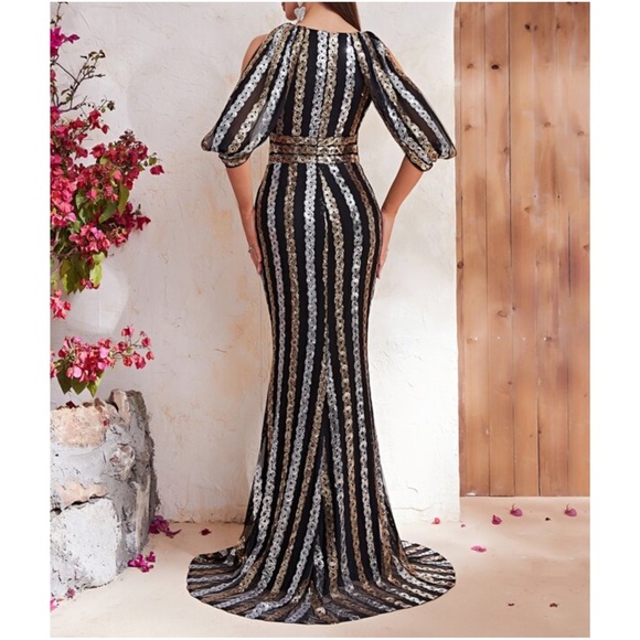 Luxe Cold shoulder sequin Evening Formal Black Tie Wedding Dress - Picture 5 of 9